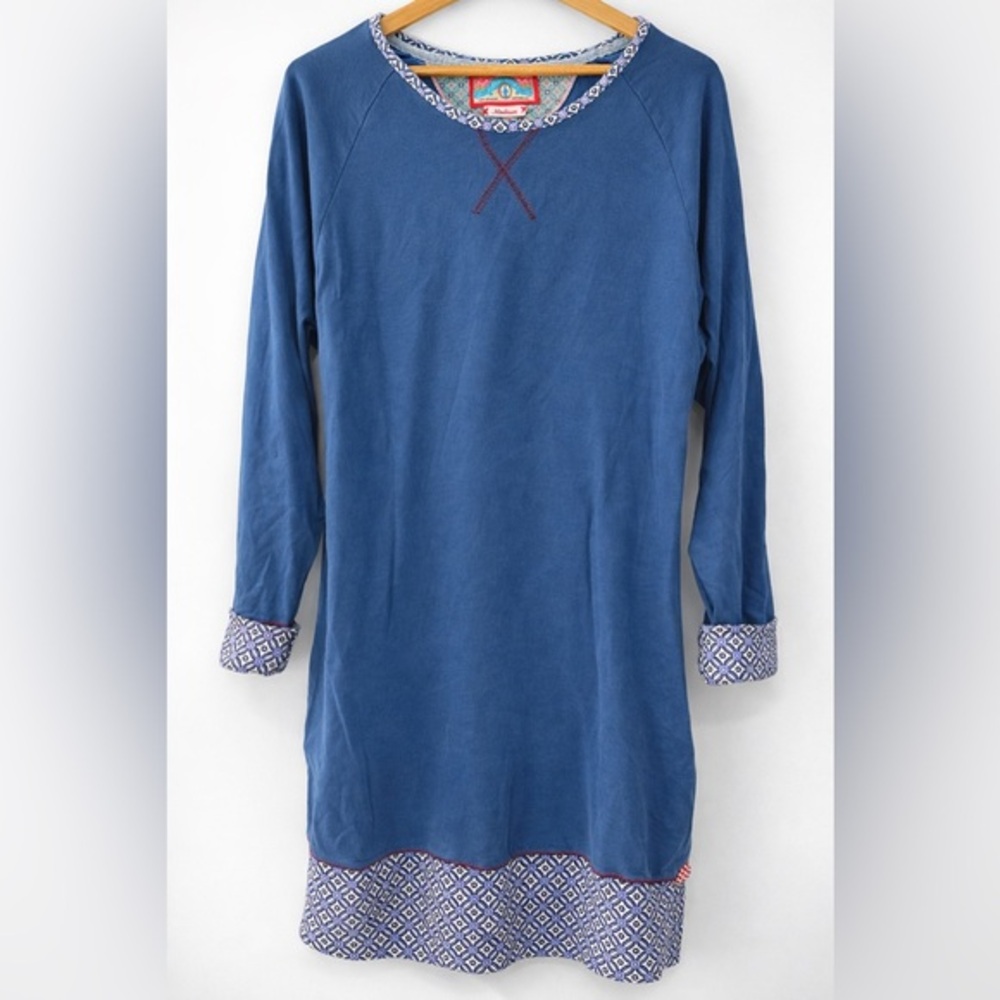 Pip Studio Amsterdam Blue Long Sleeve Tunic Dress Medium | Printed Trim Cotton